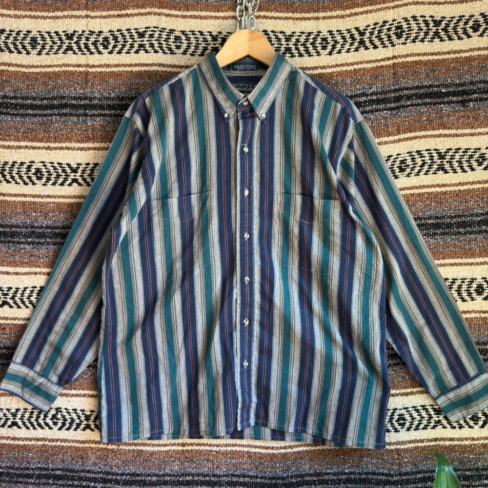 Editions by Van Heusen Striped Button Down Shirt Men Large Teal Navy Long Sleeve